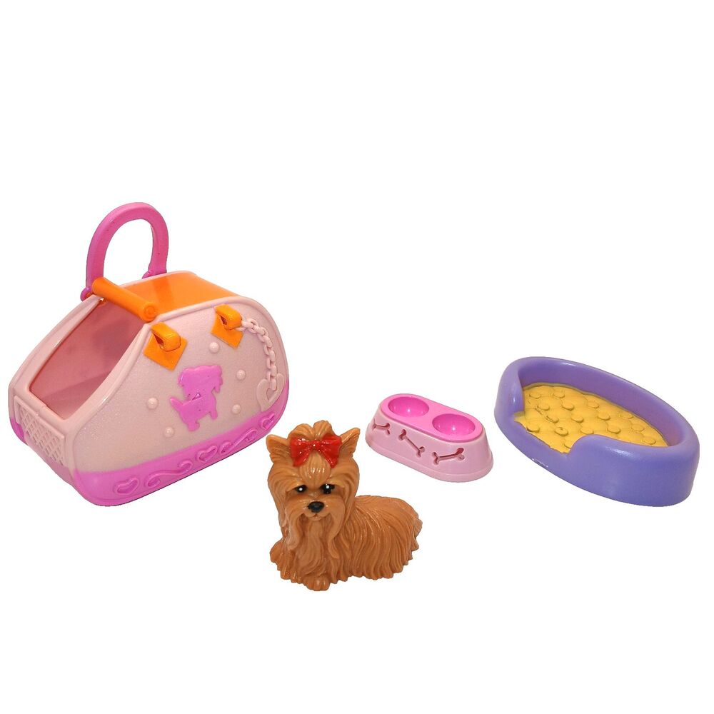 Barbie Yorkshire Terrier Pet Dog Dog Bowl Bed & Carrier Lot of 4 Pieces